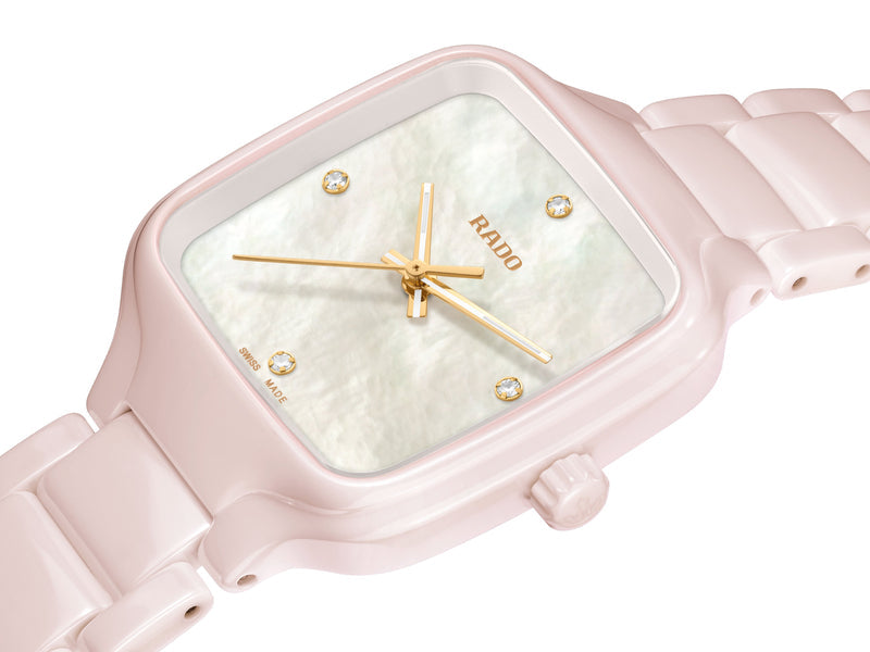 RADO 雷達 True Square Diamonds 櫻花粉陶瓷鑽石腕錶 R27181902